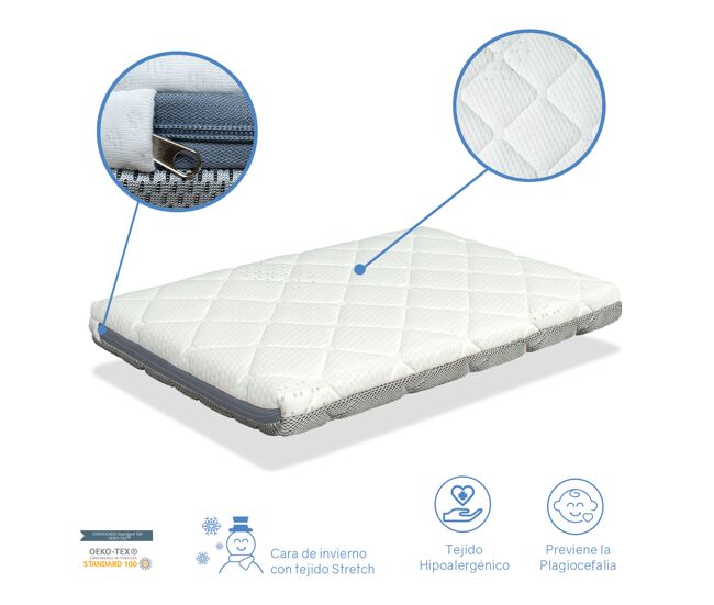 Colchón bebe mini cuna 80x50 altura 7 cm mini bunny- desenfundable, lavable,adaptable y transpirable