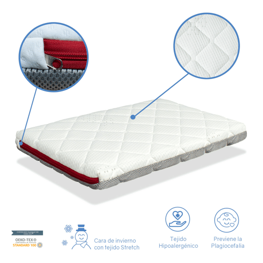 Colchão bebê MINI COT 75x52 Altura 7 CM MINI DUO BABY - Removível, lavável, espuma de memória e respirável
