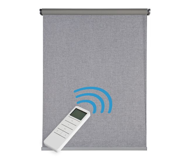Estor motorizado enrollable opaco blackout automático con batería, motor y mando premium gris plata 100x250 cm