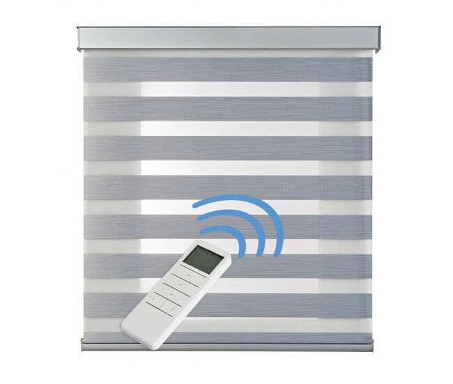 Estor enrollable motorizado noche y día automático con batería, motor y mando acabados en aluminio gris 140x250