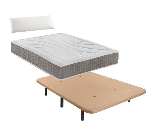 Pack de base tapizada beige + colchón viscoelástico de con 1 almohada nordic