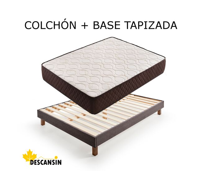 Pack colchón y base tapizada gris con patas, medidas 180x200cm, gris, ideal para personas con dolores de espalda, silenciosa, descansin