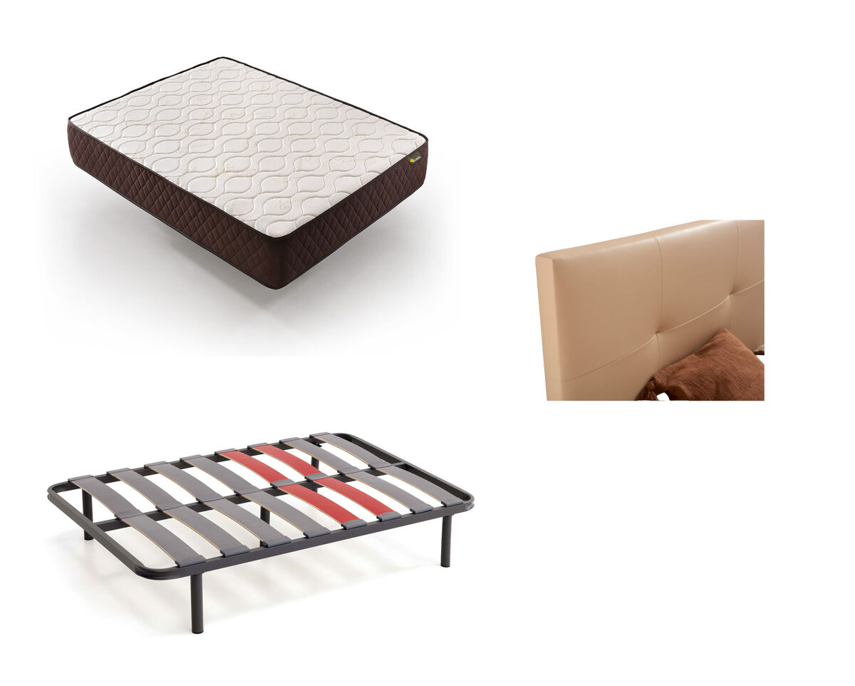 Pack colchón + cabecero tapizado + somier descansin, 150x190cm, beis, ideal para personas con dolores de espalda, facil montaje, silencioso