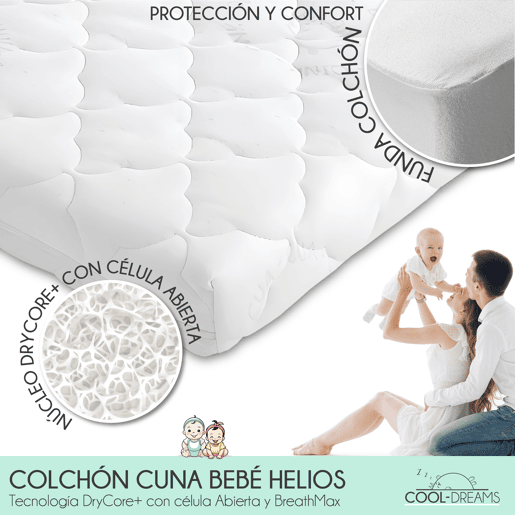 Colchão de bebé Helios Cuna 120x60 com tecnologia DryCore+ e BreathMax. Certificação OEKO-TEX e CertiPur. Capas amovíveis. Inclui protetor de colchão