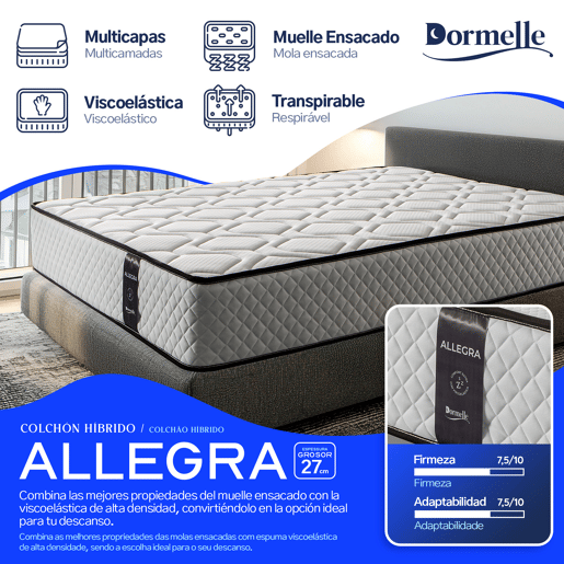 Colchão de molas ensacadas 80x180 cm Allegra - Lado InvernoVerão - Altura +- 27 cm - Espuma viscoelástica - Firmeza médiaalta