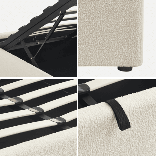 Cama com base de ripas, acabamento boucle, branco, Devon, Branco, 213x166.5x32 cm Cama com base de ripas, acabamento boucle, branco, Devon, Branco, 213x166.5x32 cm