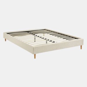 Cama com estrado de ripas, acabamento boucle, branco, Milton, Branco, 213x167.5x30 cm