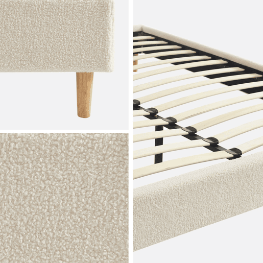 Cama com estrado de ripas, acabamento boucle, branco, Milton, Branco, 203x96.5x30 cm