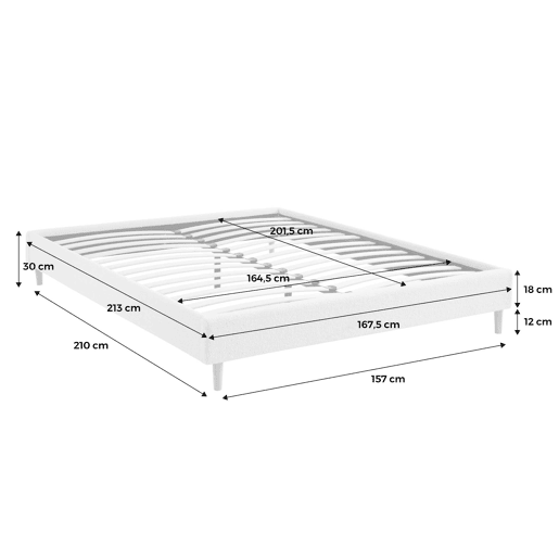 Cama com estrado de ripas, acabamento boucle, branco, Milton, Branco, 203x96.5x30 cm