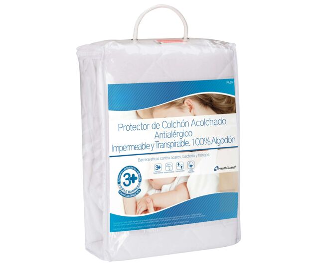 Protecto de colchón en varias medidas con triple barrera impermeable en color blanco altura máx 32 cm
