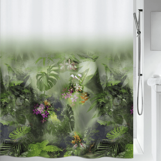 Coleção Spirella Jungle, cortina de chuveiro têxtil 180 x 200, 100% poliéster, verde