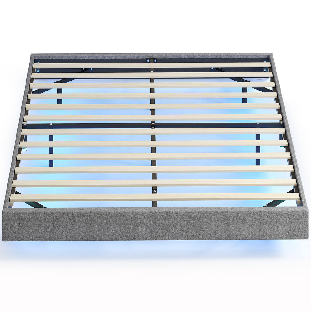 Homcom somier flotante 140x190 cm con luces led, estructura de cama, tapizado en lino, láminas de madera, silencioso, fácil de montar, gris