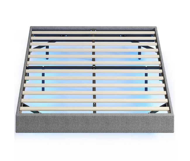 Homcom somier flotante 140x190 cm con luces led, estructura de cama, tapizado en lino, láminas de madera, silencioso, fácil de montar, gris