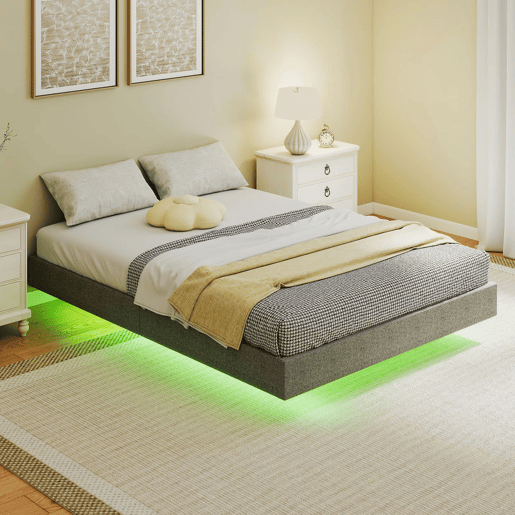 HOMCOM Cama 160x200 cm com Luzes LED Estofada em Linho Ripas de Madeira Silenciosa Fácil de Montar Cinzento