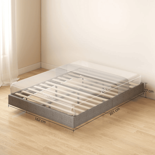 HOMCOM Cama 160x200 cm com Luzes LED Estofada em Linho Ripas de Madeira Silenciosa Fácil de Montar Cinzento