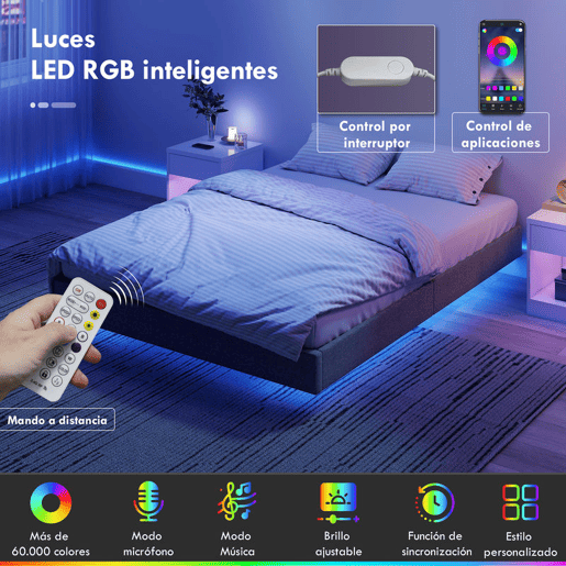 HOMCOM Cama 160x200 cm com Luzes LED Estofada em Linho Ripas de Madeira Silenciosa Fácil de Montar Cinzento