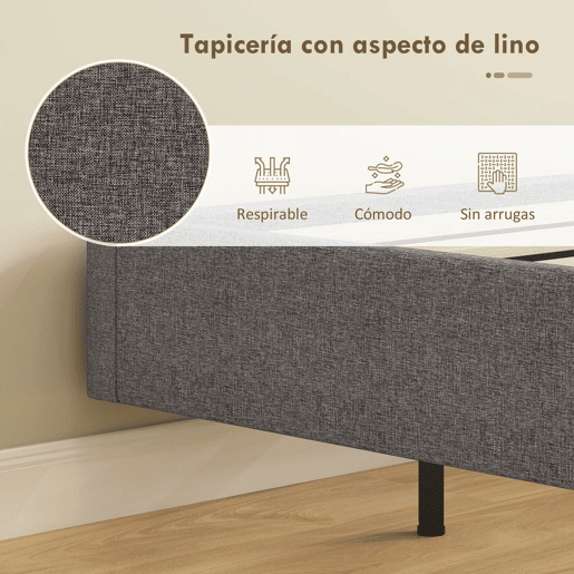 HOMCOM Cama 160x200 cm com Luzes LED Estofada em Linho Ripas de Madeira Silenciosa Fácil de Montar Cinzento
