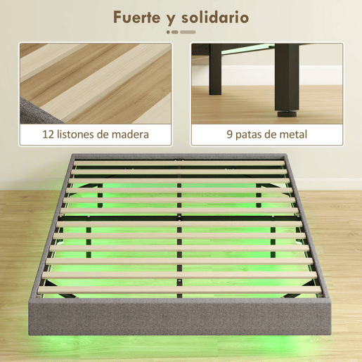 HOMCOM Cama 160x200 cm com Luzes LED Estofada em Linho Ripas de Madeira Silenciosa Fácil de Montar Cinzento