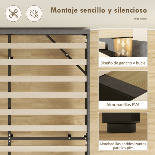 HOMCOM Cama 160x200 cm com Luzes LED Estofada em Linho Ripas de Madeira Silenciosa Fácil de Montar Cinzento