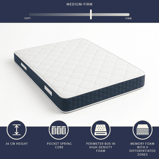 The White Stone Colchão 140x190 cm, Altura 30 cm, com Molas Ensacadas e Memory Foam | Antibacteriano e Respirável | Materiais Certificados Made in Italy