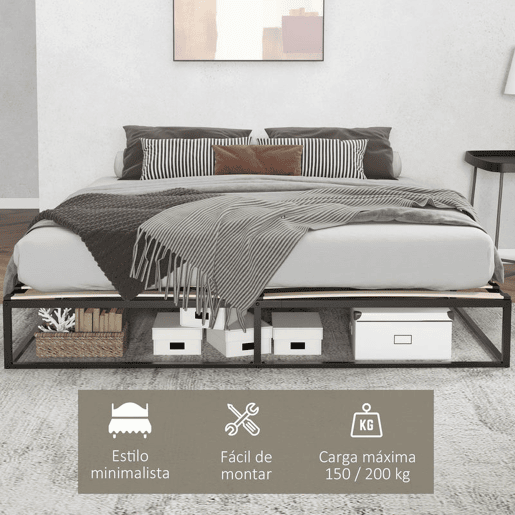 HOMCOM Estrutura de Cama de Aço Altura 25 cm Estrado de Cama para Colchão 180x200 cm com Ripas de Madeira para 1-2 Pessoas Estilo Moderno Preto