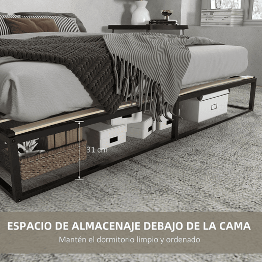 HOMCOM Estrutura de Cama de Aço Altura 25 cm Estrado de Cama para Colchão 180x200 cm com Ripas de Madeira para 1-2 Pessoas Estilo Moderno Preto