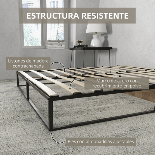 HOMCOM Estrutura de Cama de Aço Altura 25 cm Estrado de Cama para Colchão 180x200 cm com Ripas de Madeira para 1-2 Pessoas Estilo Moderno Preto