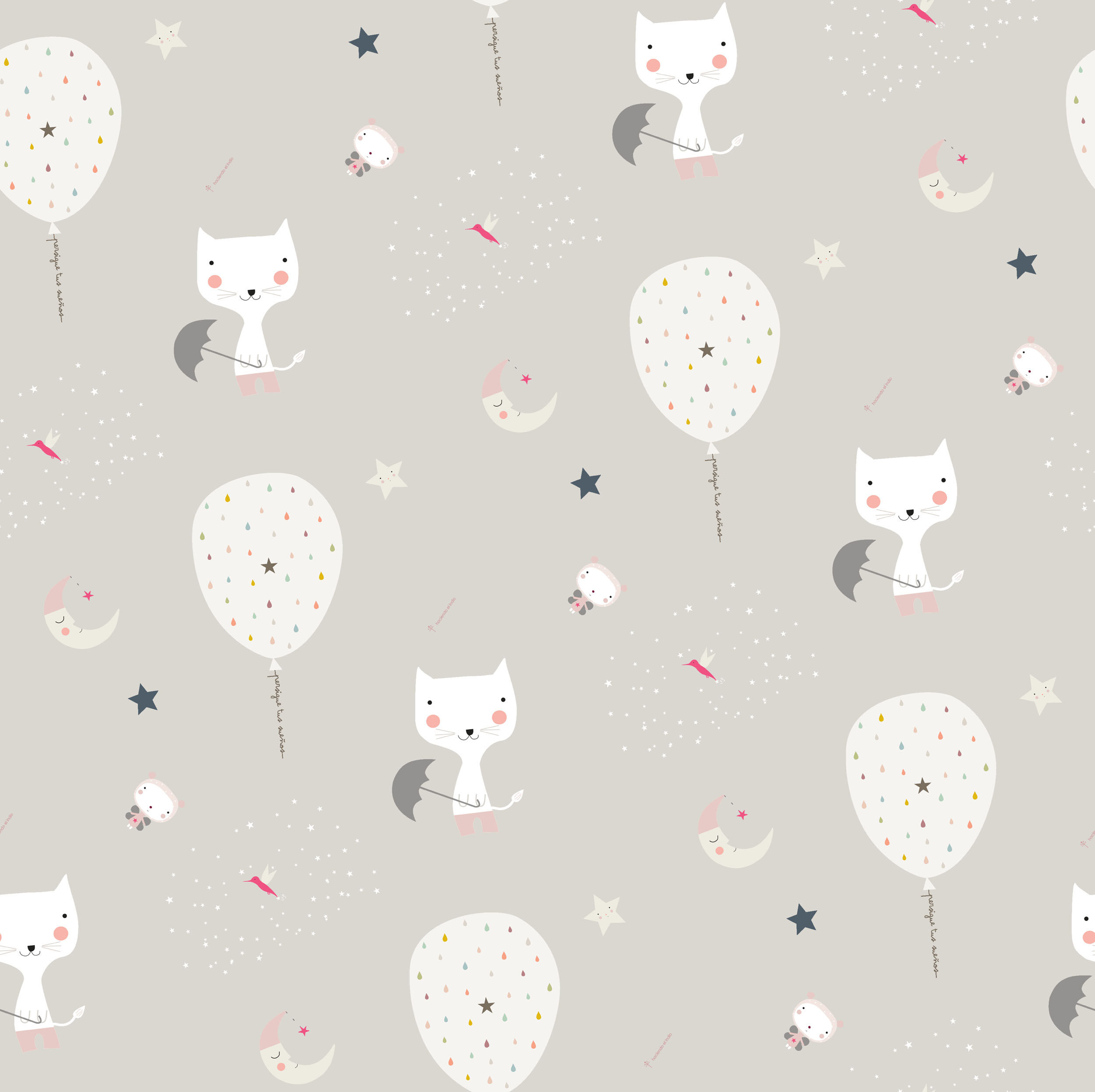 CORTINA CON OJALES GLOBOS Y GATOS HACIENDO EL INDIO